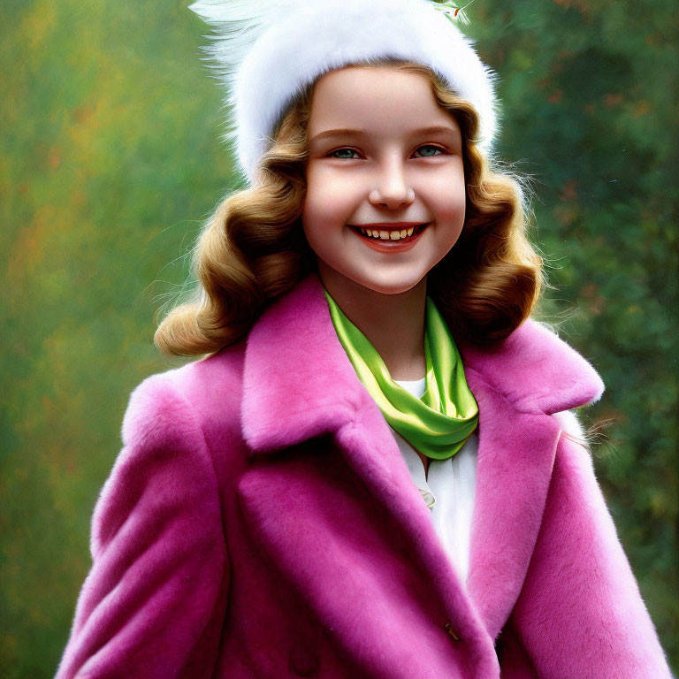 Cheerful young girl in white hat and pink coat against autumnal backdrop