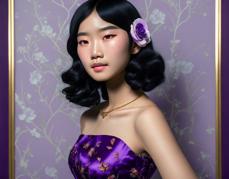 Woman in Purple Floral Dress with Matching Hair Accessory Poses Against Floral Wall