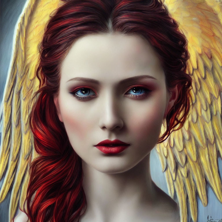 Digital painting of woman with red hair and angelic wings, striking blue eyes, and red lips.