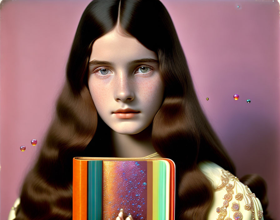 Surreal portrait of girl with dark hair and blue eyes holding colorful book