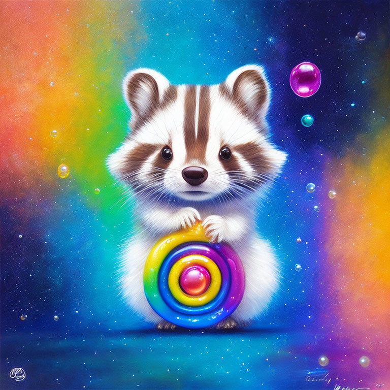 Whimsical raccoon painting with expressive eyes and galaxy backdrop