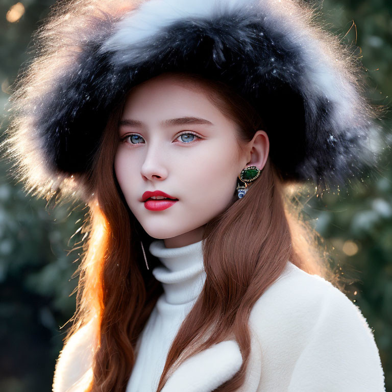 Young woman with blue eyes and brown hair in white turtleneck and fluffy hat with green earring