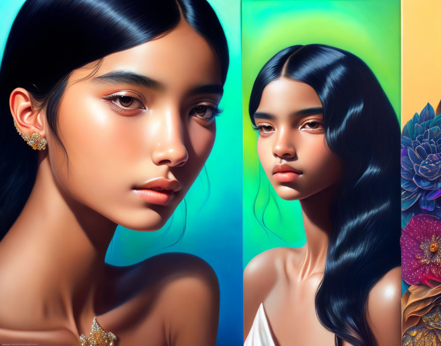 Stylized portraits of a woman with dark hair against blue and green backdrops