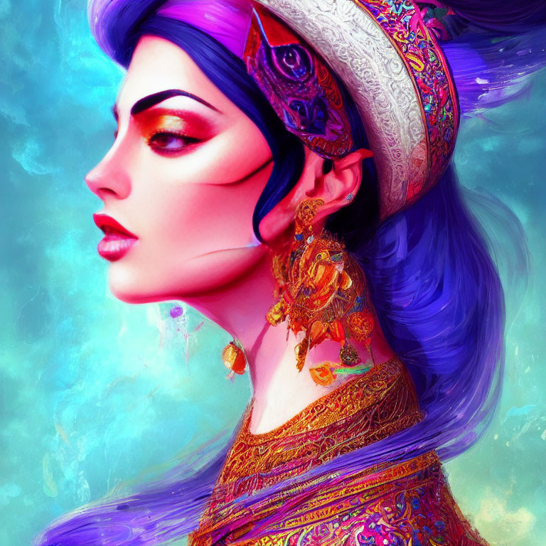 Vivid purple-haired woman with golden jewelry and headdress on turquoise backdrop