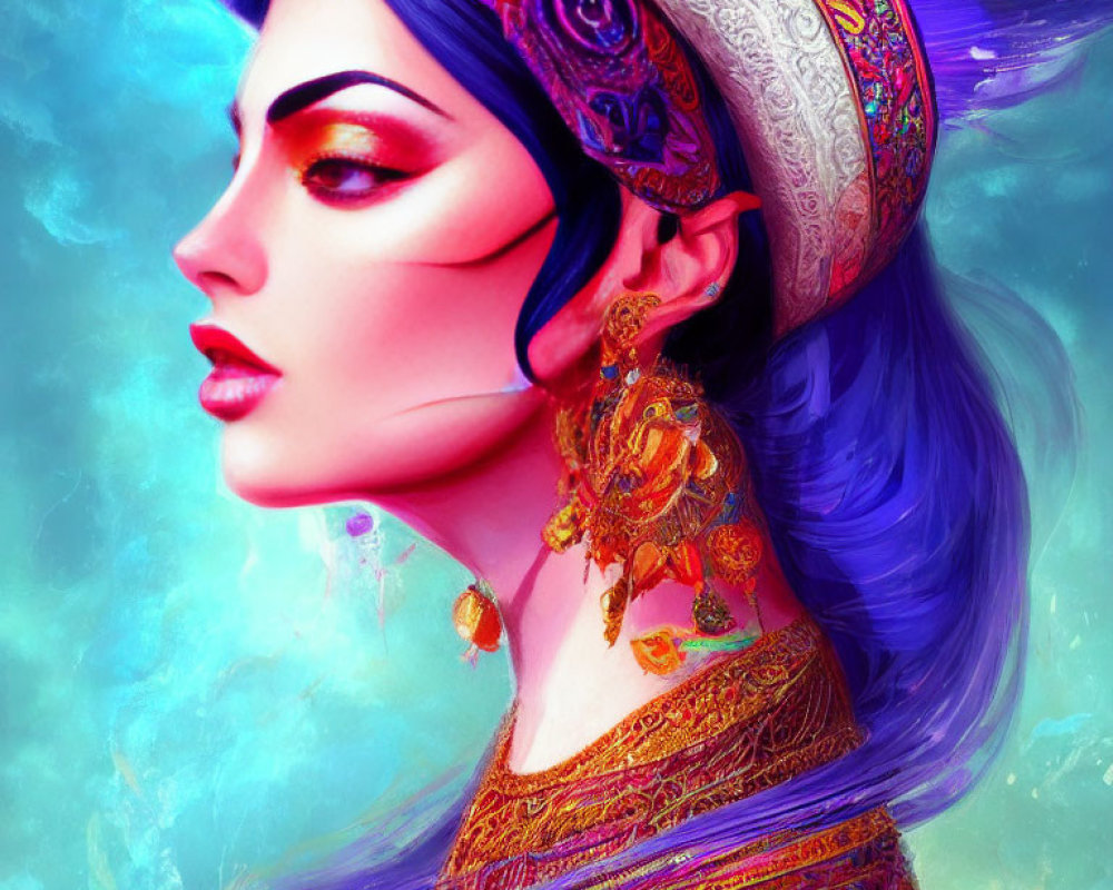 Vivid purple-haired woman with golden jewelry and headdress on turquoise backdrop