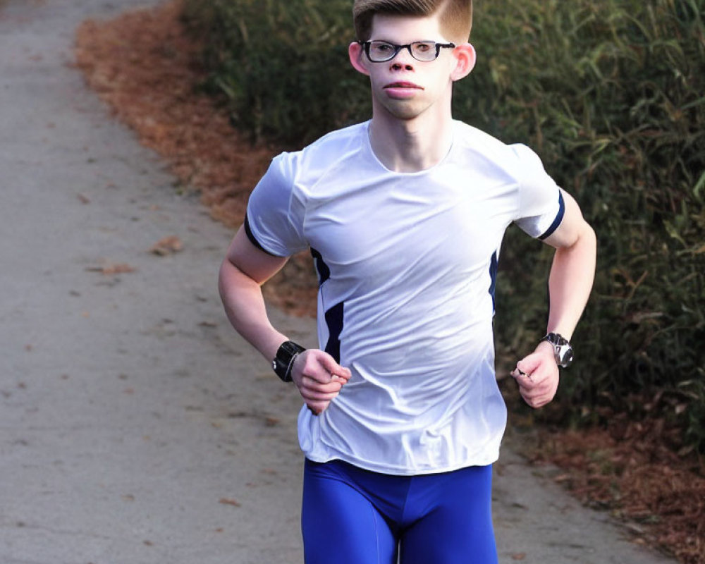 Male runner in glasses jogging on path with greenery