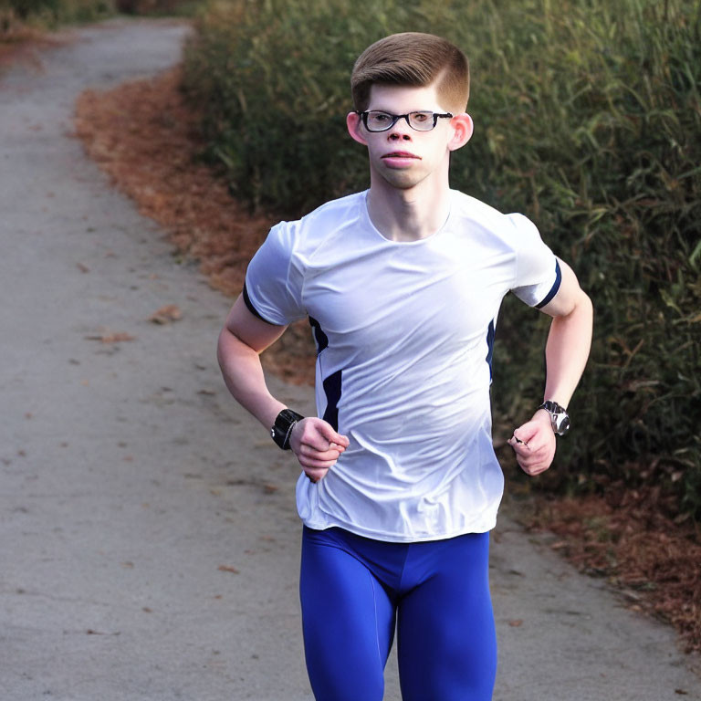 Male runner in glasses jogging on path with greenery