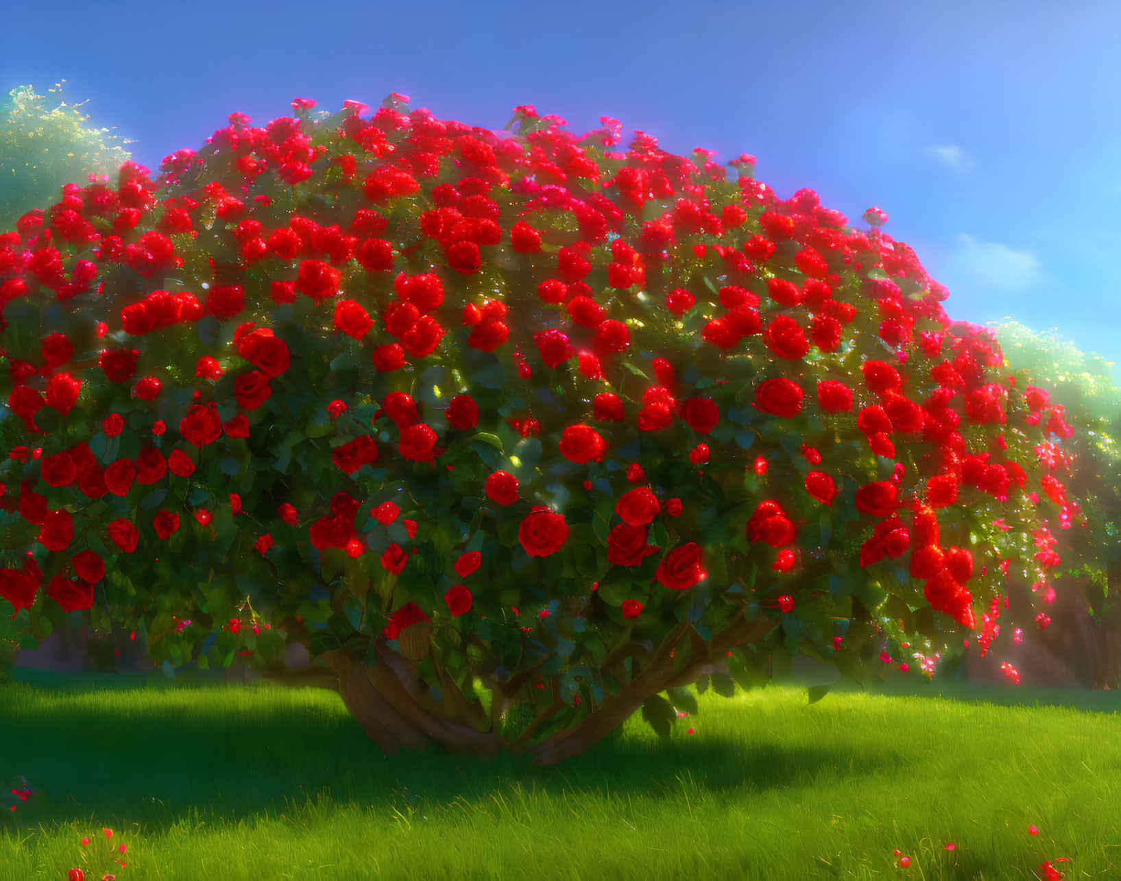 Blossoming red roses on vibrant rose bush under sunny sky