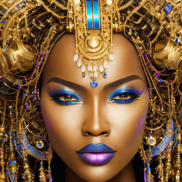 Woman portrait with dramatic makeup and golden headdress with blue gemstones