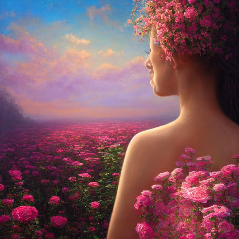 Woman with Pink Flower Crown in Dreamy Rose Landscape