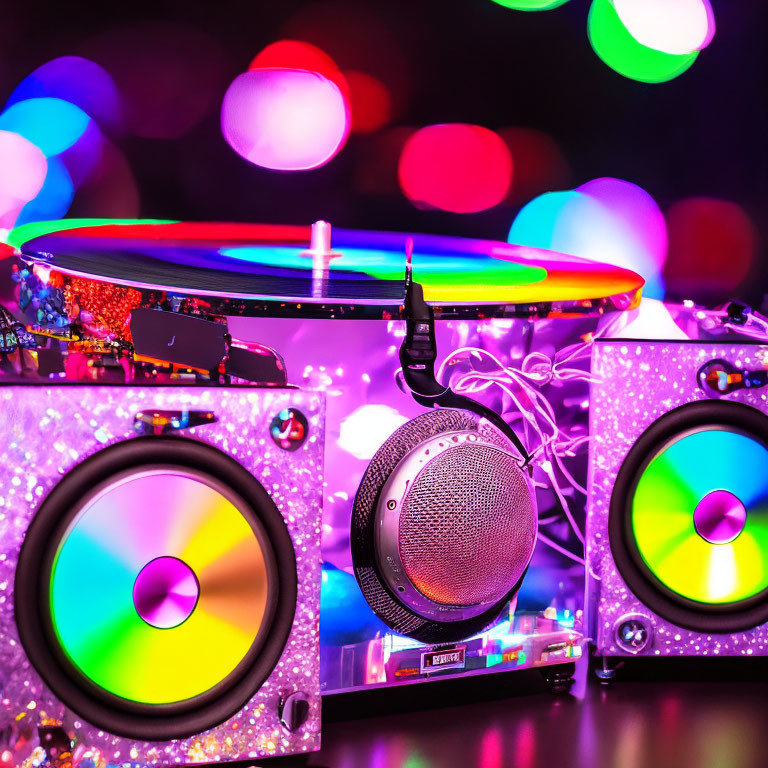 Colorful Vinyl Turntable Spinning with Neon Speaker Rings