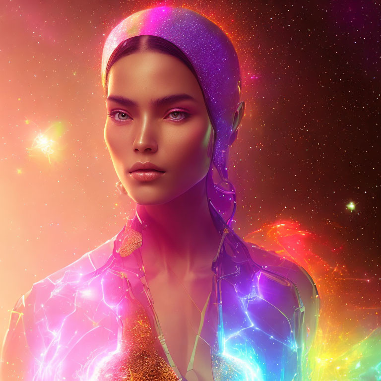 Futuristic woman with glowing skin in holographic suit on cosmic backdrop