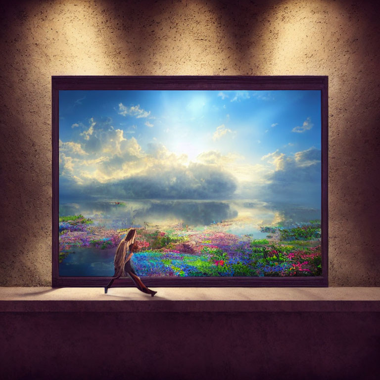 Vibrant landscape in large picture frame with chair