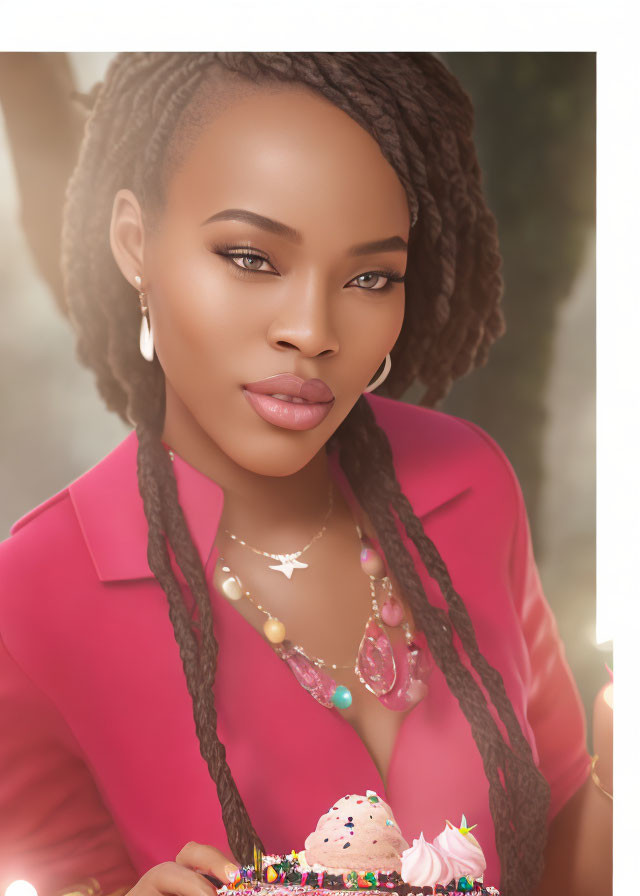 Woman with braided hair in pink blazer smiles near birthday cake with candles