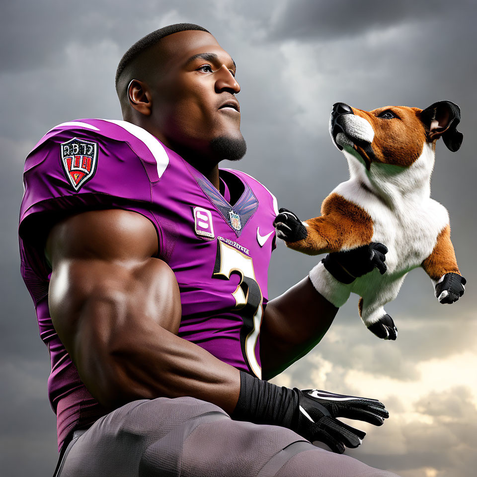 Muscular football player holding small dog under dramatic sky