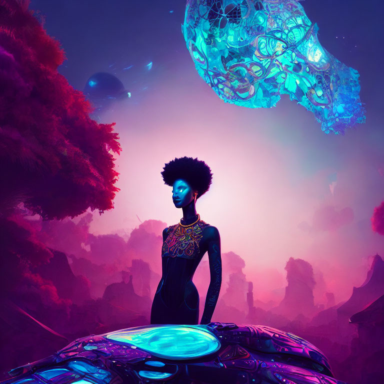 Stylized image of person with afro under purple sky