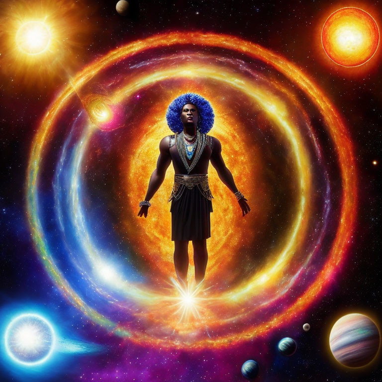 Blue-haired person in cosmic setting with vibrant galaxies, stars, and planets.