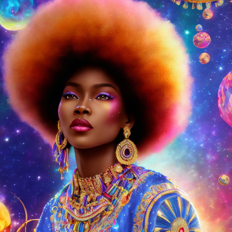 Vibrant digital art portrait of woman with afro and bold jewelry against cosmic background