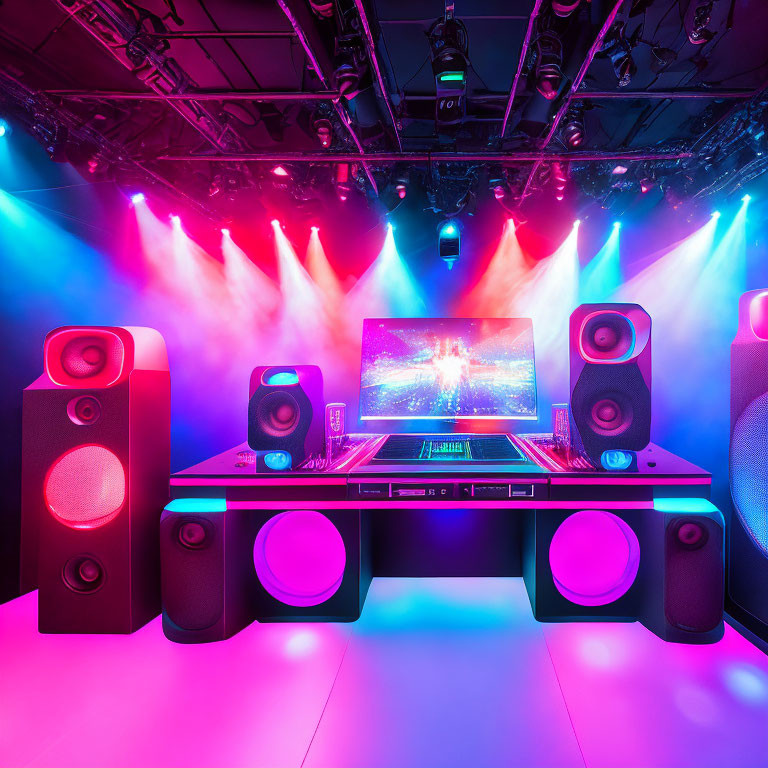 Colorful Lights and Large Speakers Surround DJ Setup