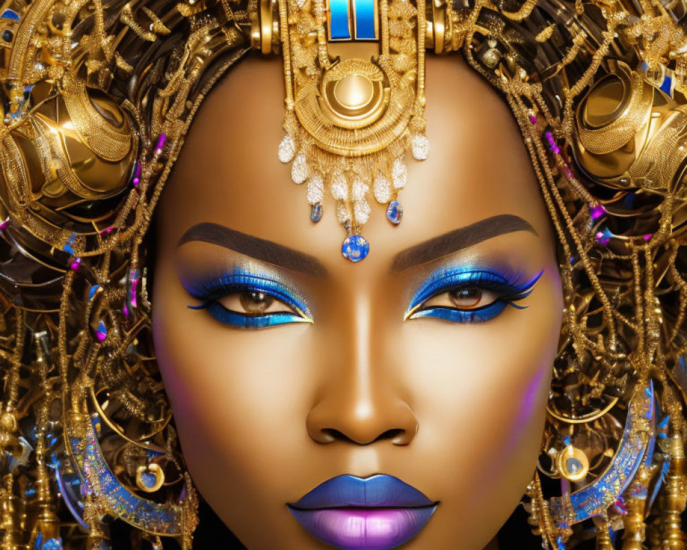 Woman portrait with dramatic makeup and golden headdress with blue gemstones