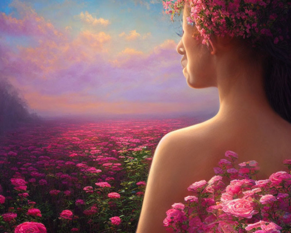 Woman with Pink Flower Crown in Dreamy Rose Landscape