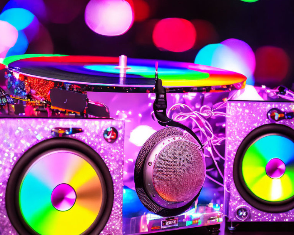 Colorful Vinyl Turntable Spinning with Neon Speaker Rings