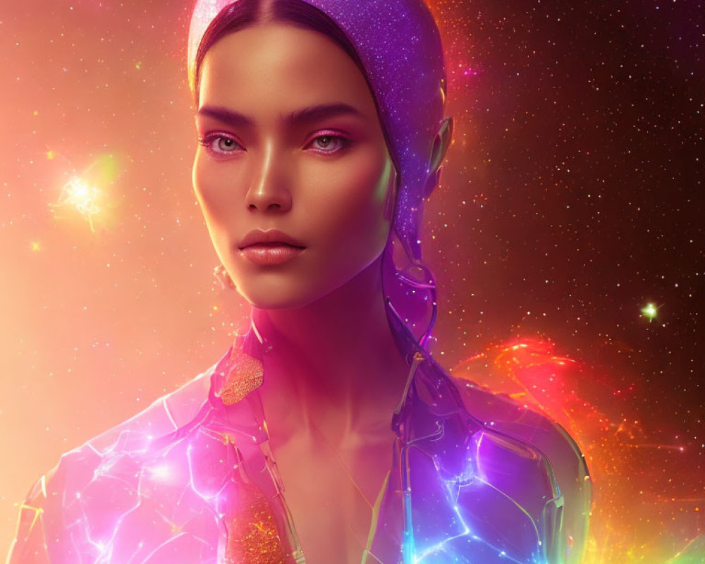 Futuristic woman with glowing skin in holographic suit on cosmic backdrop