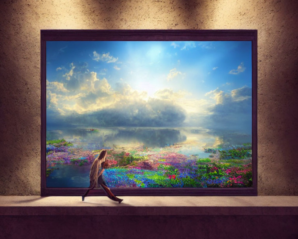 Vibrant landscape in large picture frame with chair