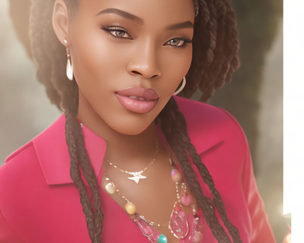 Woman with braided hair in pink blazer smiles near birthday cake with candles