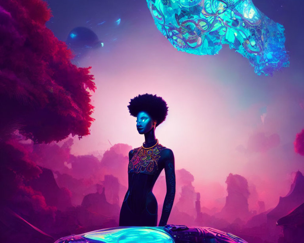 Stylized image of person with afro under purple sky