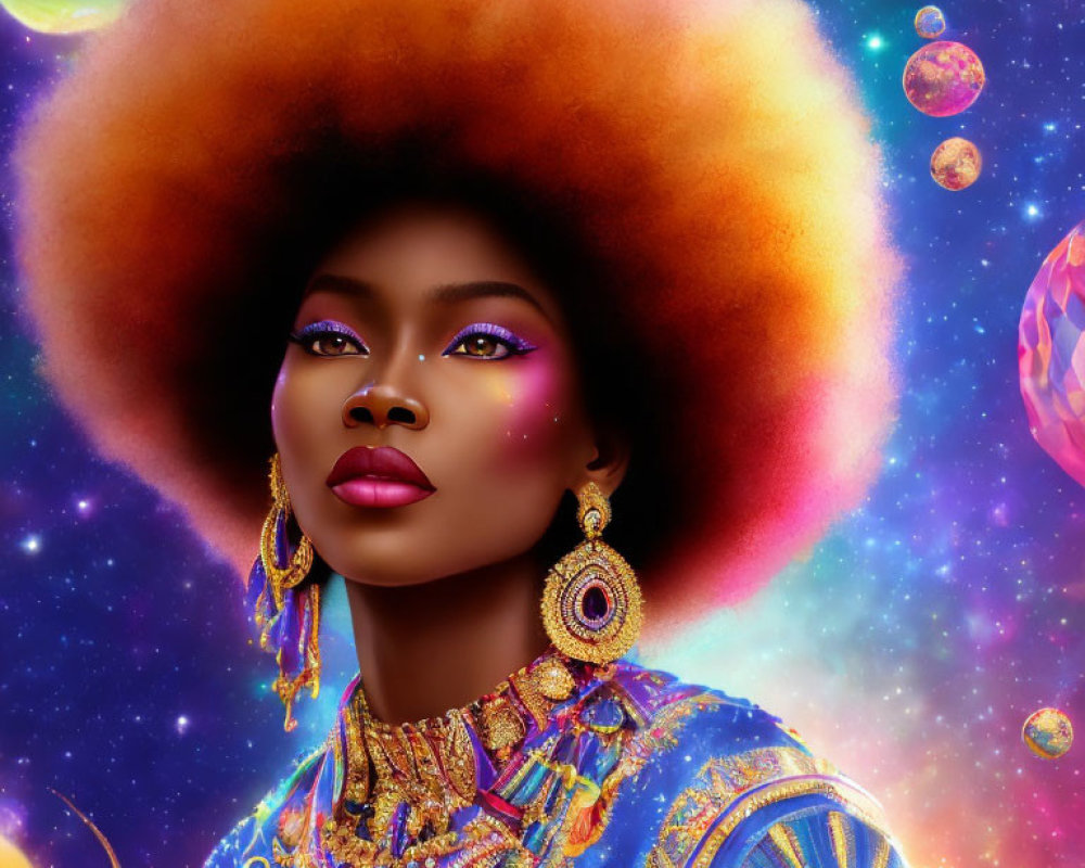 Vibrant digital art portrait of woman with afro and bold jewelry against cosmic background