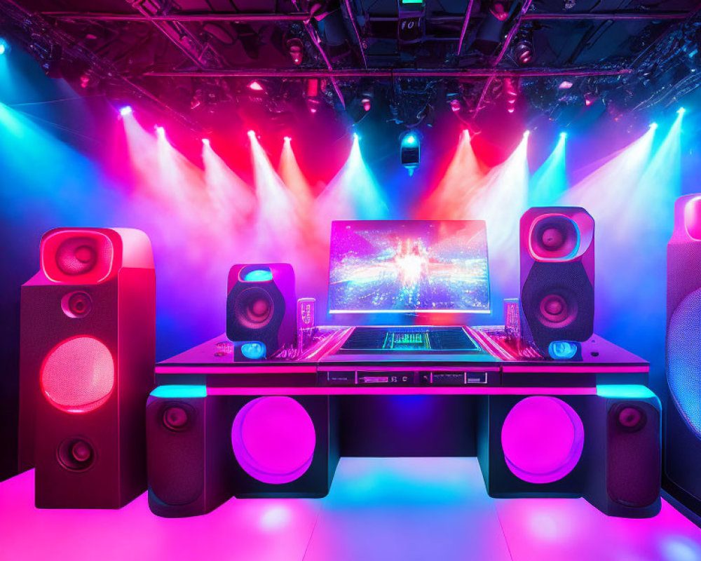 Colorful Lights and Large Speakers Surround DJ Setup