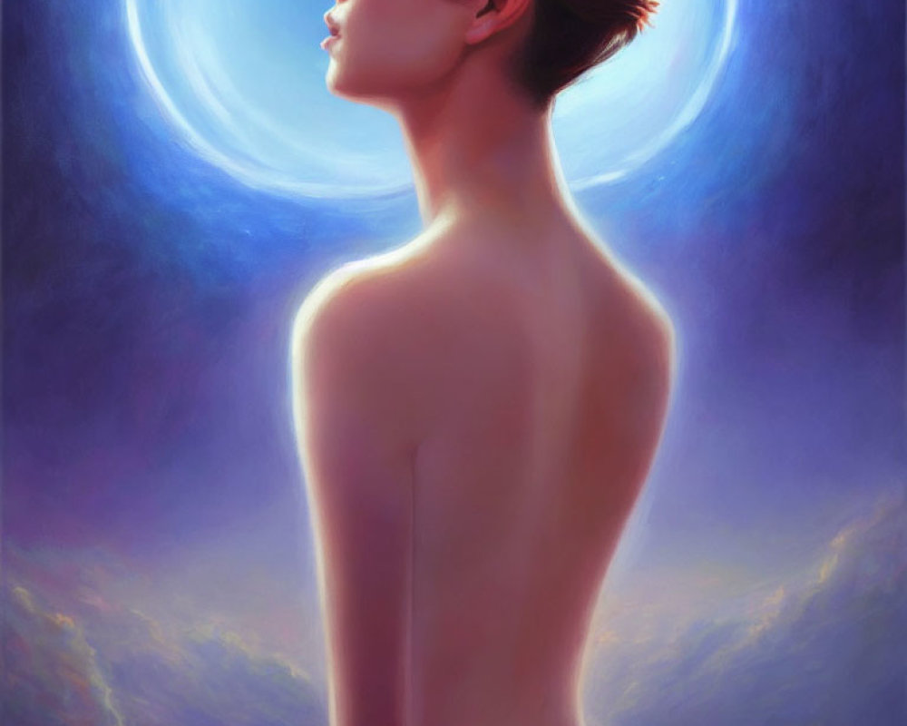 Bare-backed woman with glowing halo in serene setting