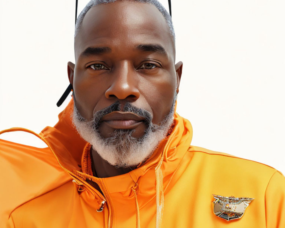 Gray-bearded man in orange jacket and sunglasses with badge and necklace