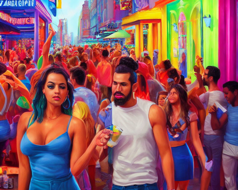 Crowded street scene with people in reddish hues, woman in blue and man in white sharing a