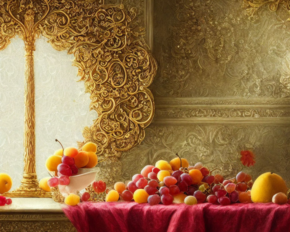 Golden mirror reflecting textured wall with table, velvet cloth, grapes, and peaches.