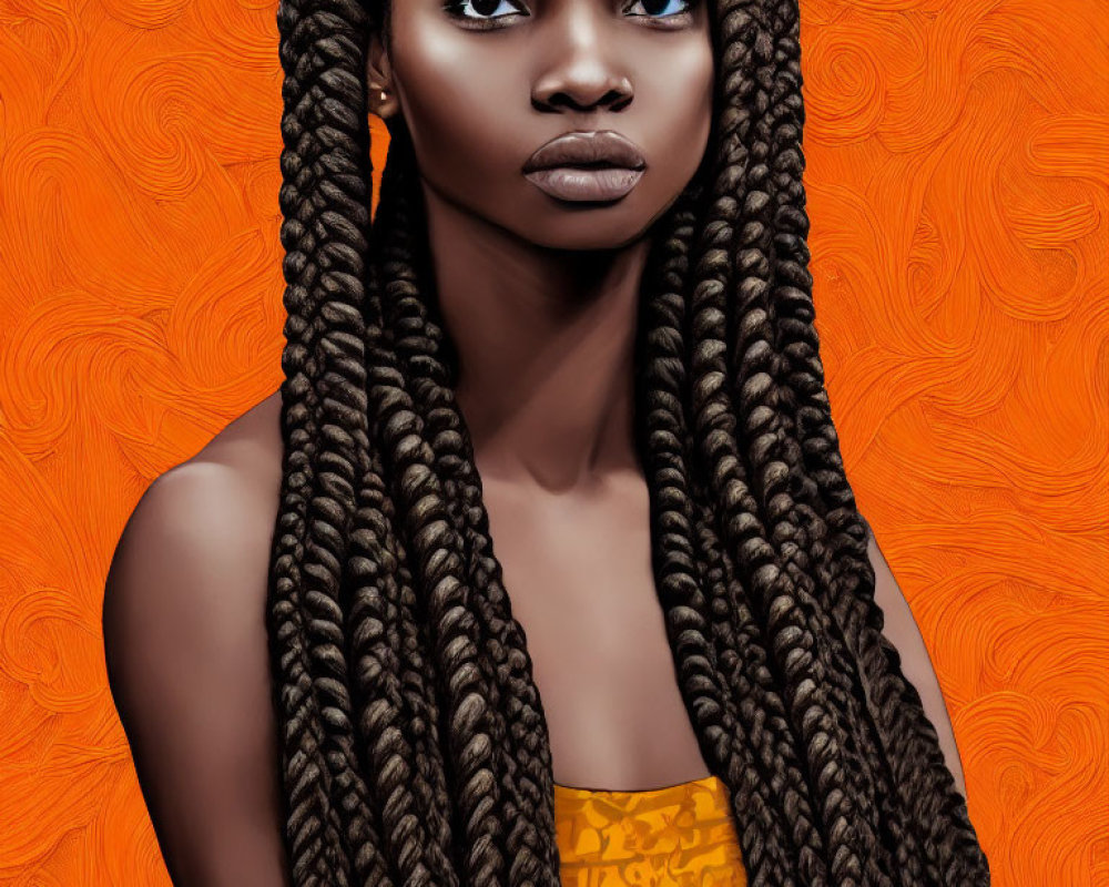 Woman with long braids in digital art on orange background