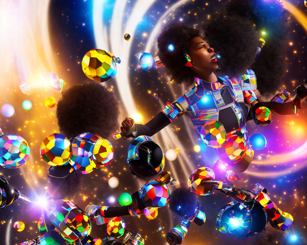 Surreal artwork depicting woman and children floating among colorful spheres and camera lenses in cosmic setting.