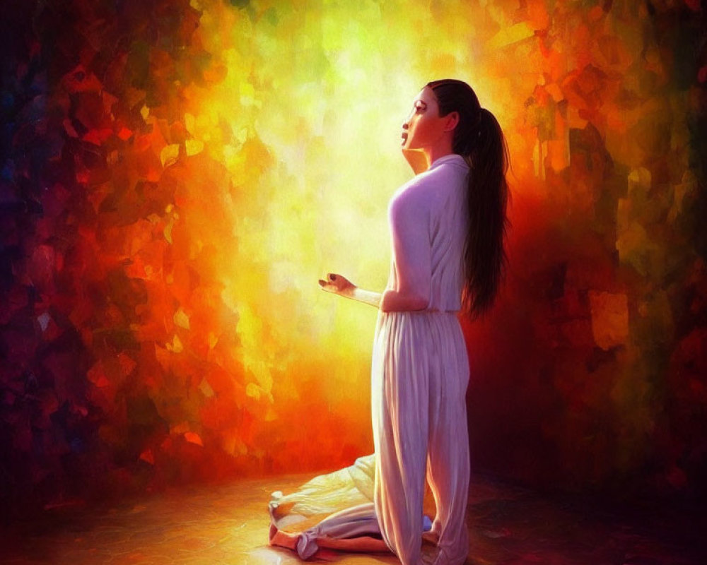 Woman in White Kneeling Against Vibrant Background