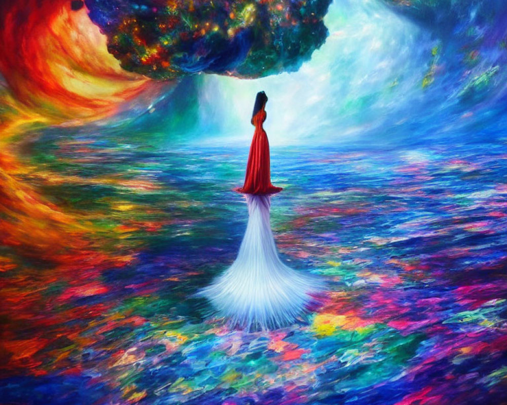 Person in Red Dress Stands Under Vibrant Swirling Sky