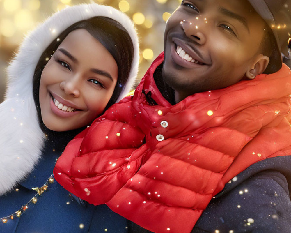 Smiling couple in winter attire close embrace with blurred background