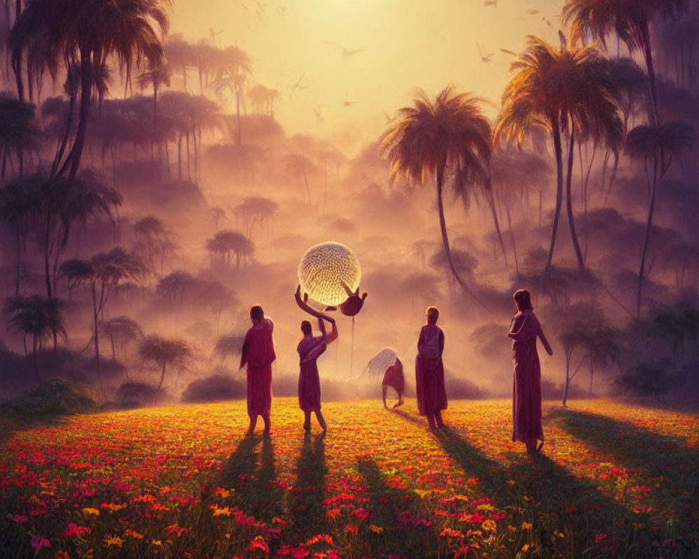 Individuals in floral field with misty palm backdrop and flying birds at sunrise or sunset