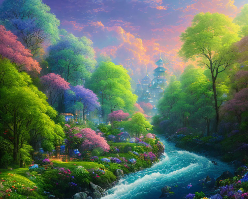 Colorful Fantasy Landscape with River, Blooming Trees, Castle, and Sunset Sky