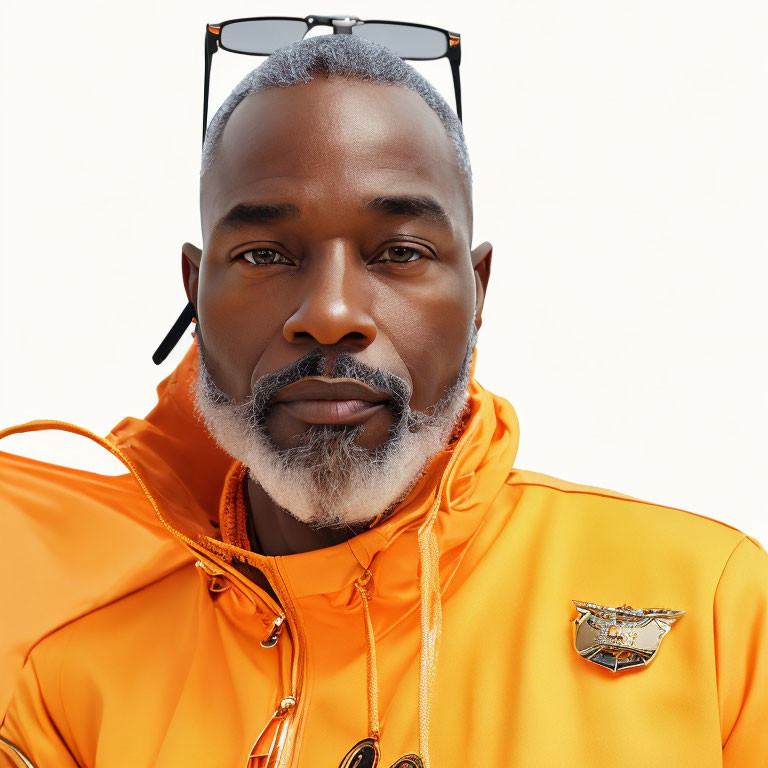 Gray-bearded man in orange jacket and sunglasses with badge and necklace