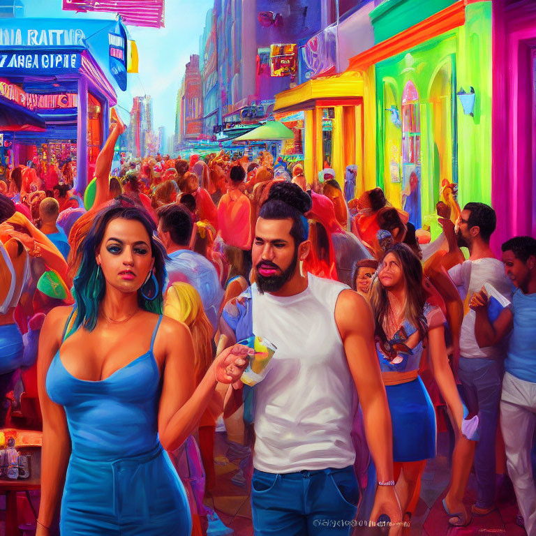 Crowded street scene with people in reddish hues, woman in blue and man in white sharing a