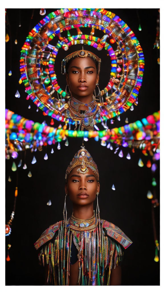 Traditional Attire Woman with Beaded Jewelry and Headdress surrounded by Lights and Crystals