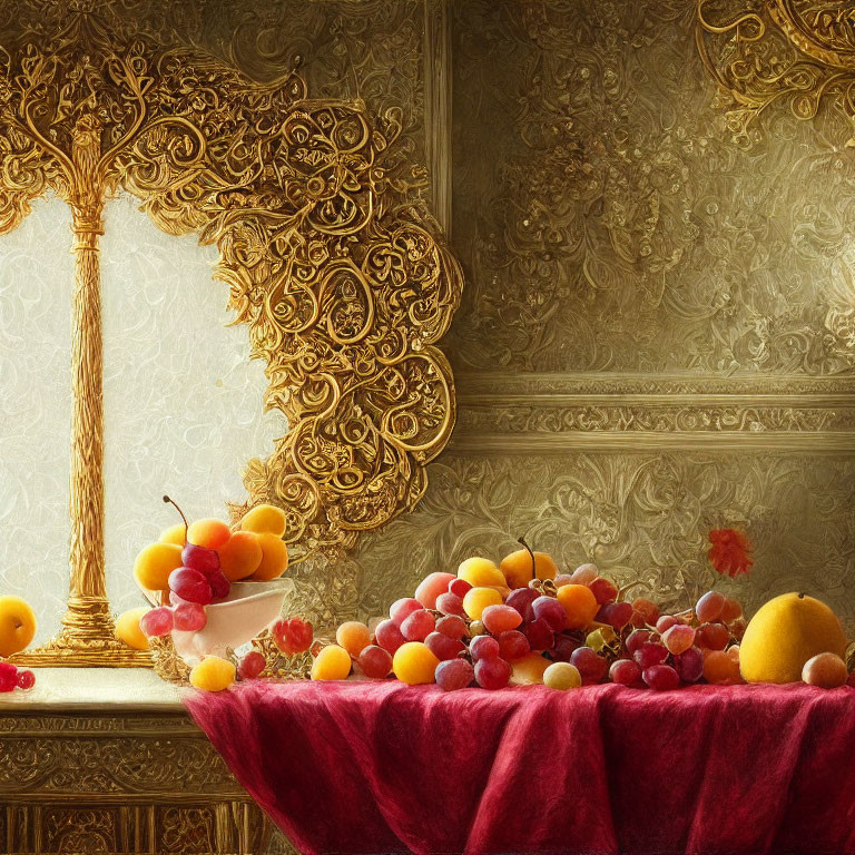 Golden mirror reflecting textured wall with table, velvet cloth, grapes, and peaches.