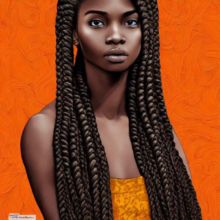 Woman with long braids in digital art on orange background