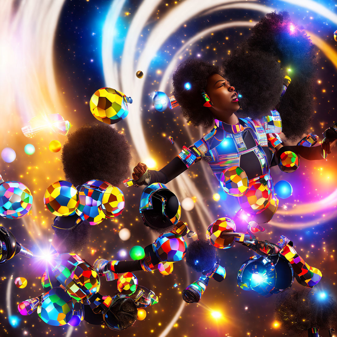 Surreal artwork depicting woman and children floating among colorful spheres and camera lenses in cosmic setting.