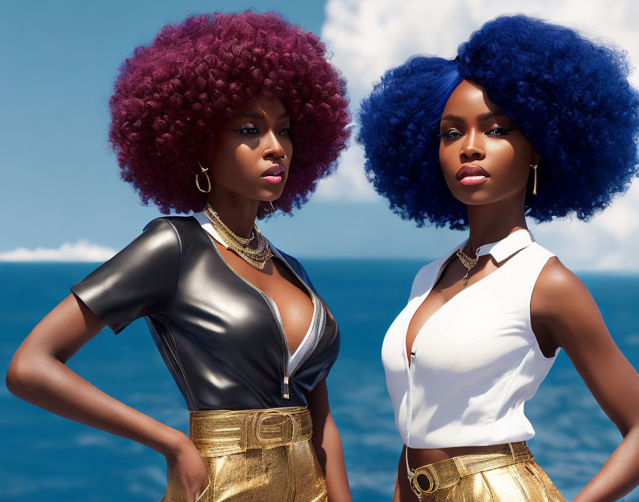 Two women with vibrant red and blue afro hairstyles in stylish outfits against a bright blue ocean.